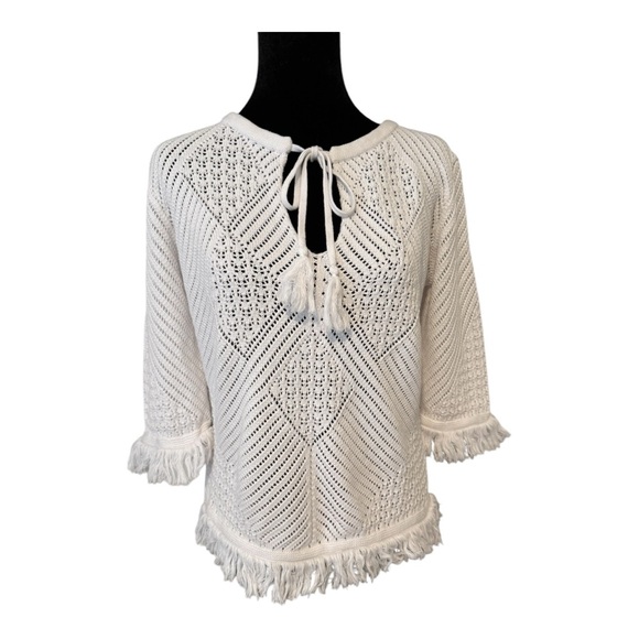 Greylin White V-Neck Fringe Sweater w Tie  EUC - Picture 1 of 8